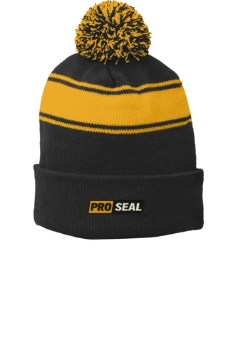 Color Image for STC28 - Sport-Tek® - Stripe Pom Pom Beanie - Black/ Gold - Proseal - 3 Color - E